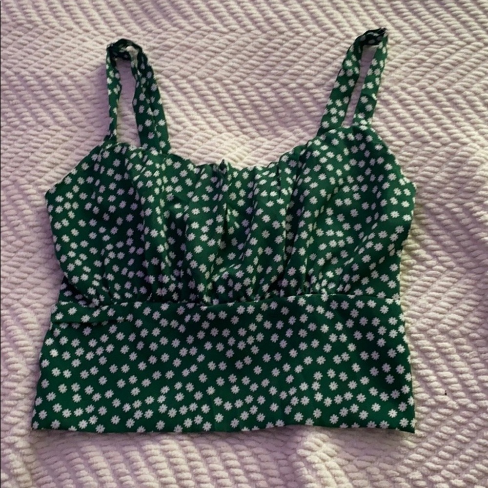 shirred green crop top with tiny flowers
